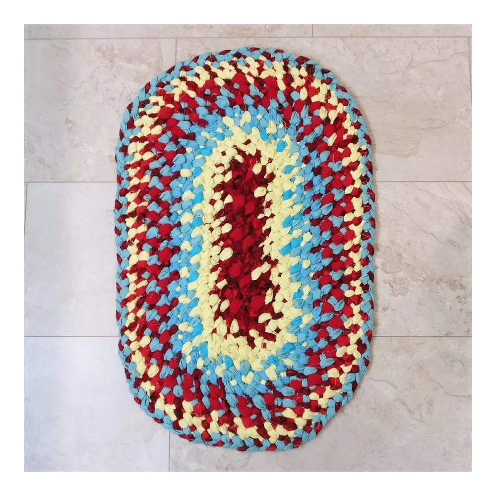 Yellow blue and red woven braided rag rug recycled fabric country farmhouse styl